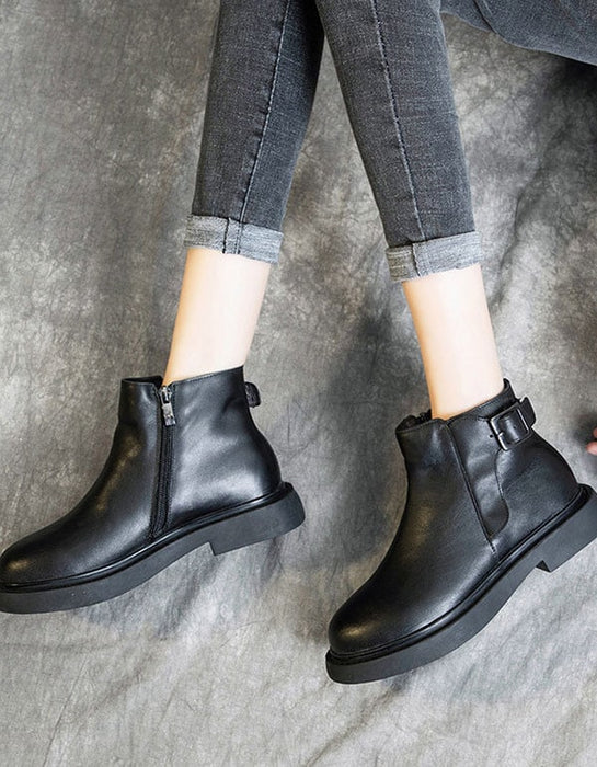 OBIONO Retro Leather Thick-heel Black Boots — Obiono