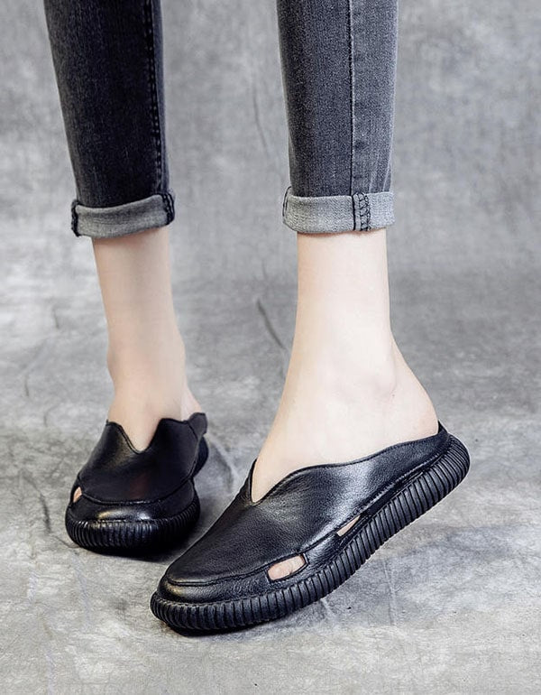 Simple Handmade Retro Leather Flat Slippers — Obiono