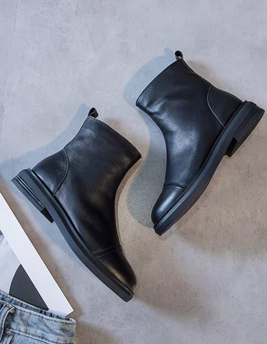 Spring Autumn Versatile Leather Short Boots Black — Obiono
