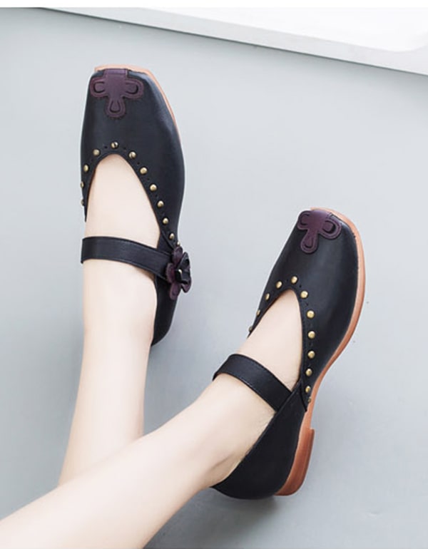 Studded Vintage Leather Square Head Flat Shoes — Obiono