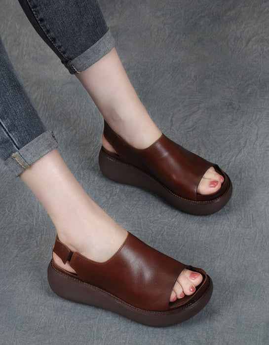 Summer Retro Leather Open Toe Wedge Heel Sandals — Obiono