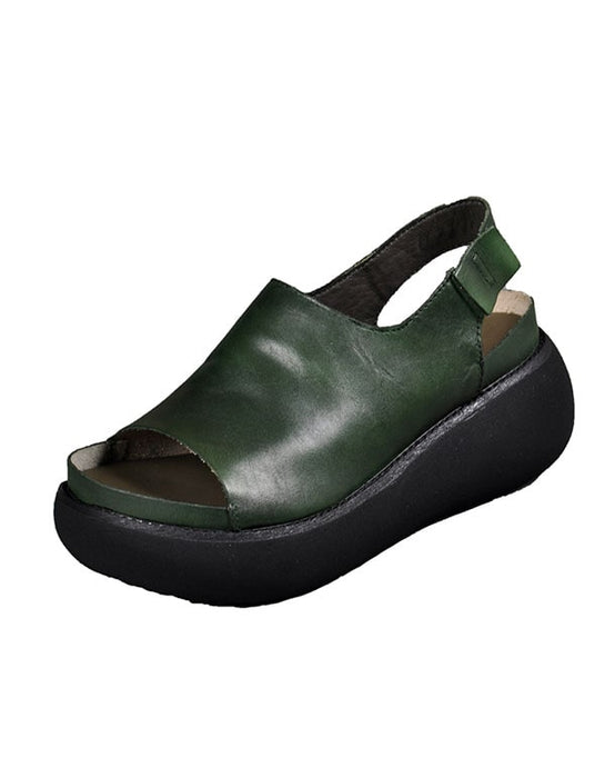 Summer Retro Leather Open Toe Wedge Heel Sandals — Obiono