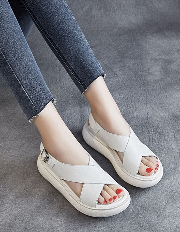 OBIONO Cross Strap Slingback Wedge Sandals White — Obiono