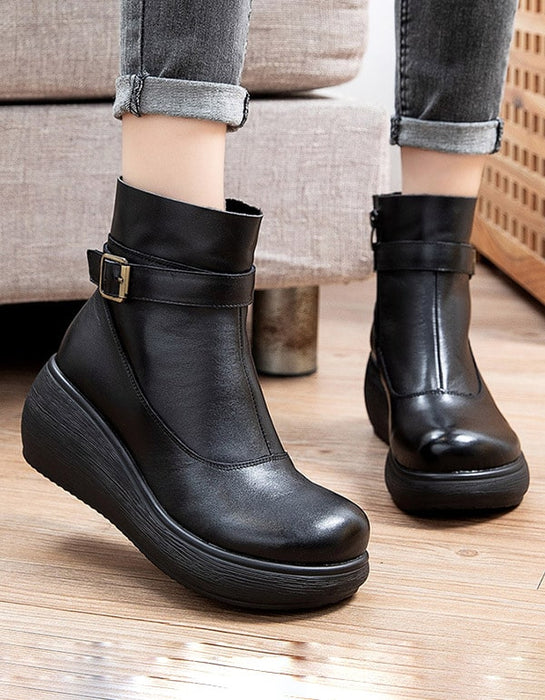 Winter Non-slip Retro Leather Ankle Wedge Boots — Obiono