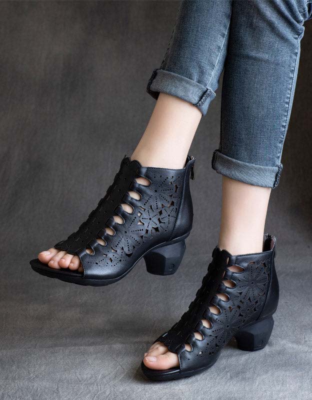 Handmade Retro Leather Summer Chunky Heels — Obiono
