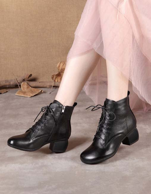 Retro Leather Lace-up Chunky Heels Boots — Obiono