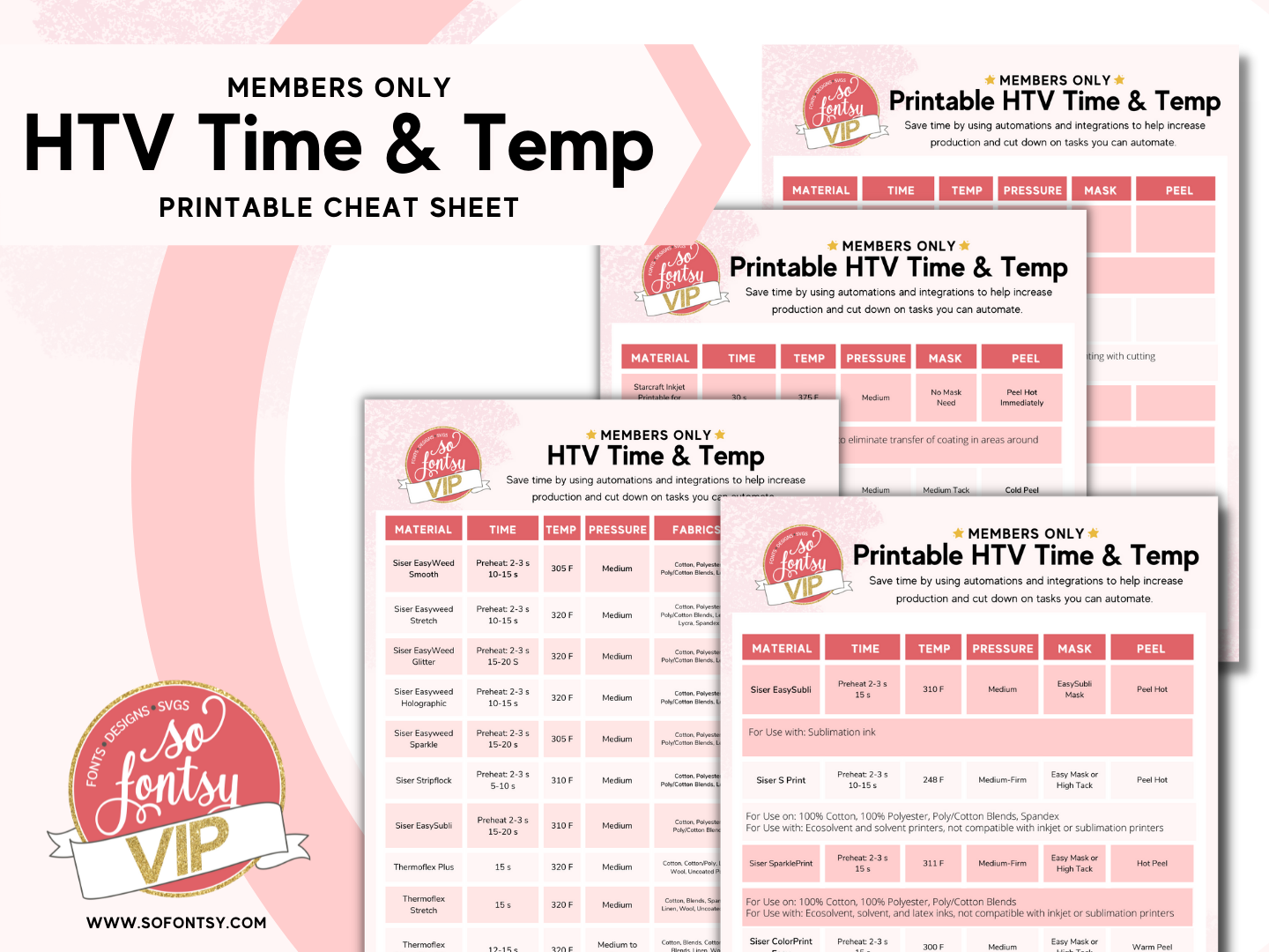 HTV Time and Temperature Printable Cheat Sheets - VIP - So Fontsy