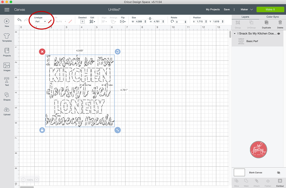 Change the Line Type to Perf to use the Perforation Blade with your Cricut Maker