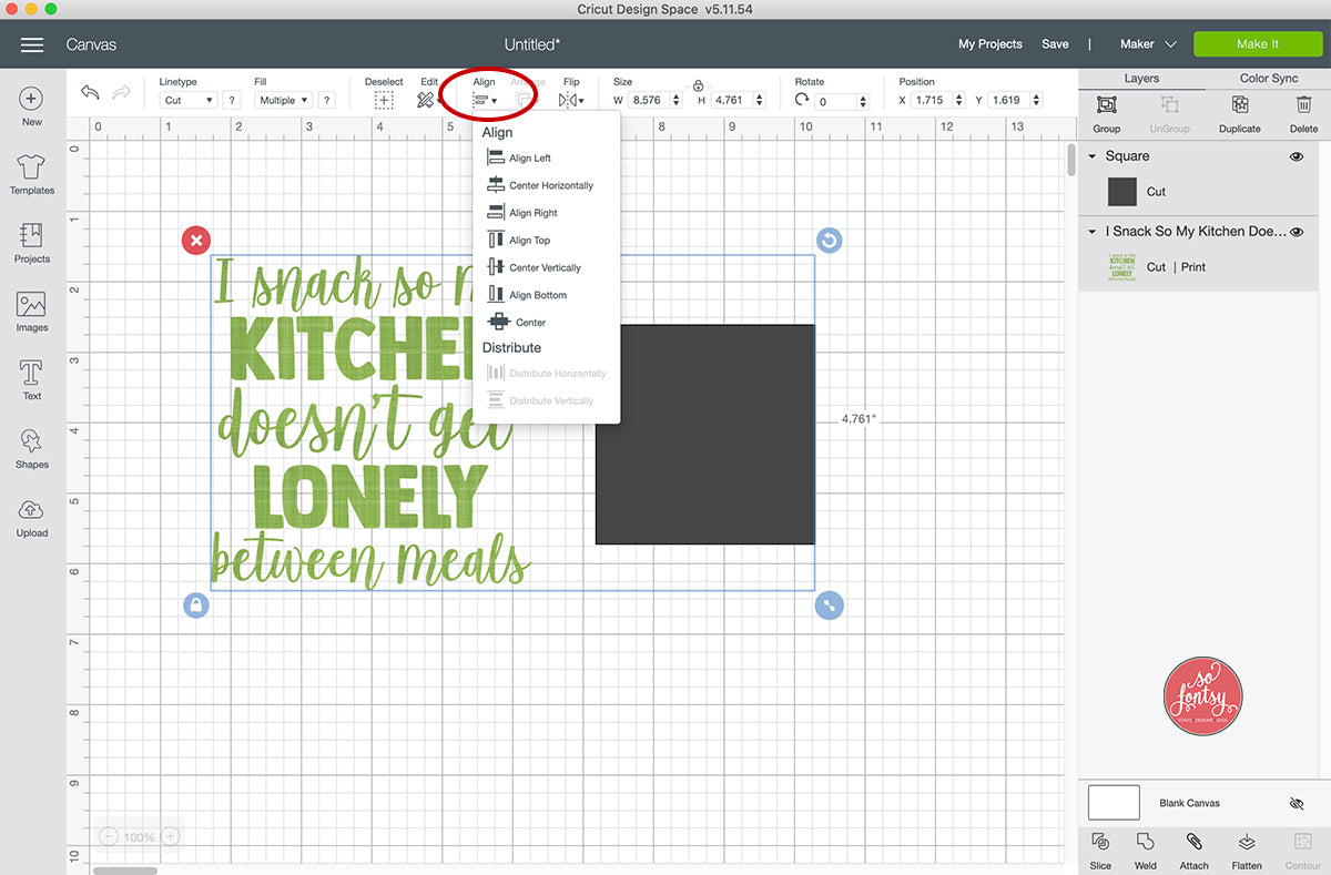 Use the Align Tool in Cricut Design Space to align your layers in relation to one another.