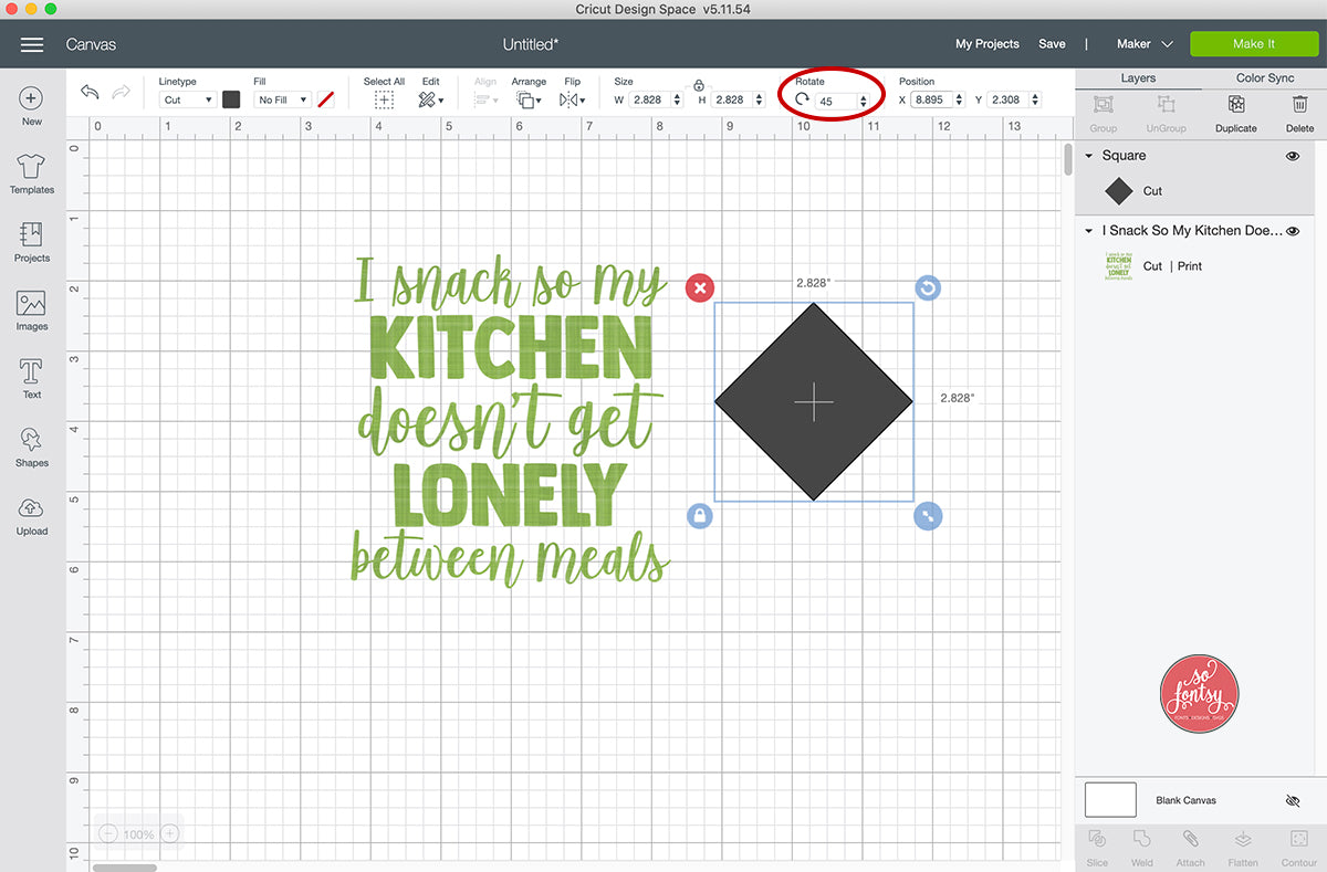 Use the Rotate Tool in Cricut Design Space to rotate your layer by degree.