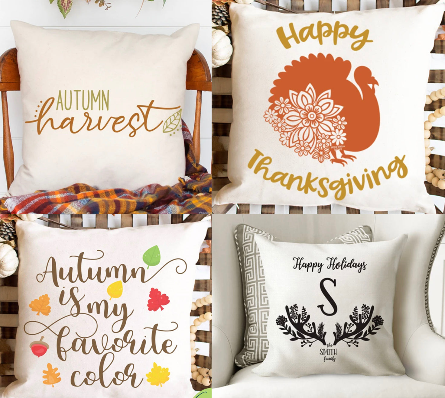 Fall Themed Pillows Made with Heat Transfer Vinyl and SVGs from So Fontsy