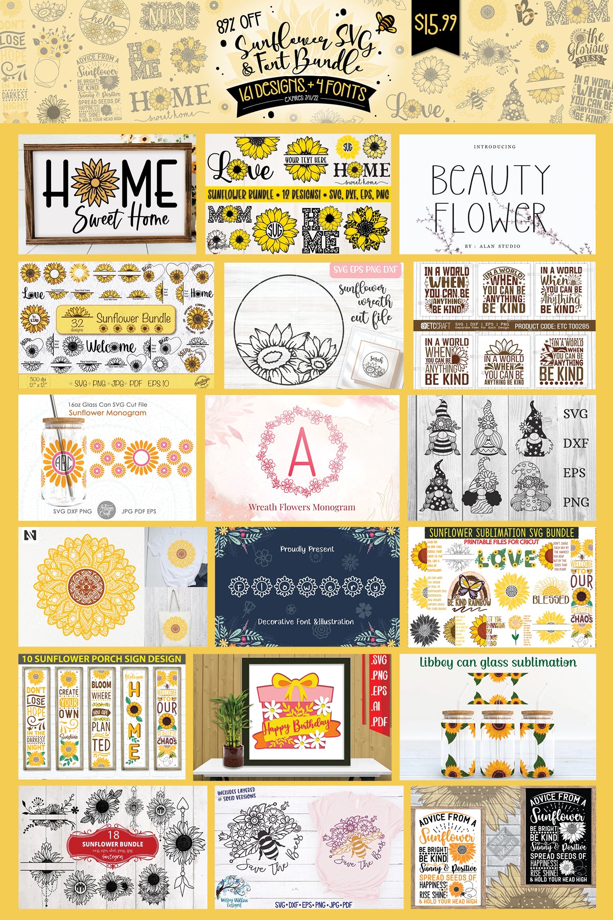 Sunflower SVG Design & Font Bundle from So Fontsy