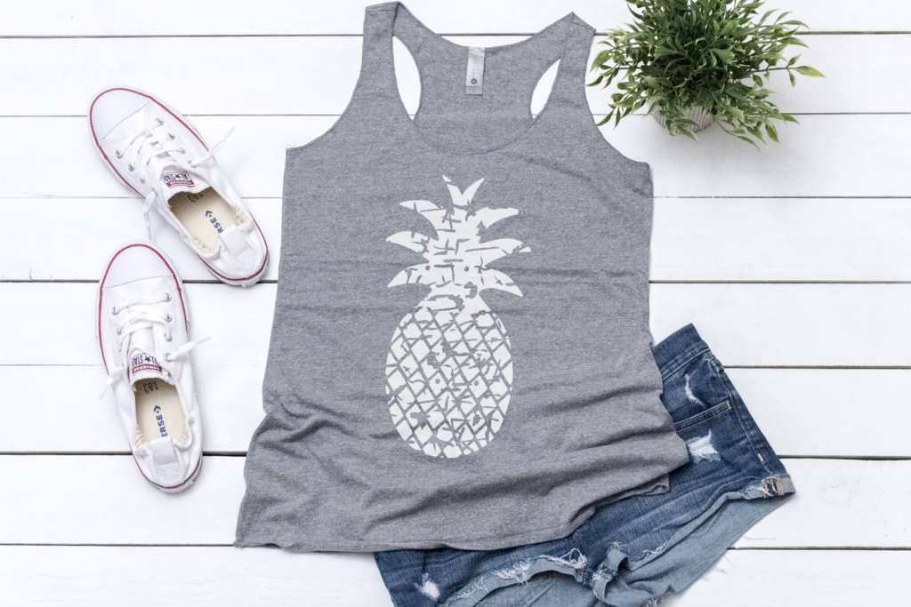 Distressed Pineapple HTV Design on Grey Tank Top