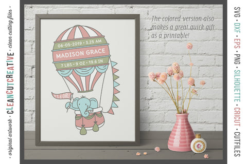 Download Baby Announcement Hot Air Balloon Baby Birth Stats With Elephant Svg File So Fontsy