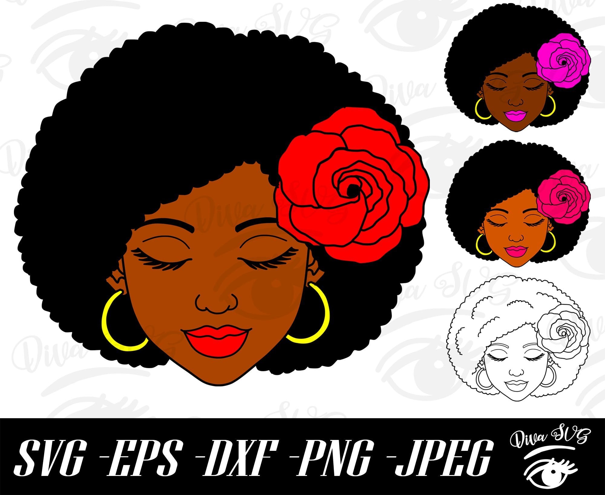 Download Black Woman Face Rose In Hair Svg Png Eps Dxf Jpg Cut Files So Fontsy