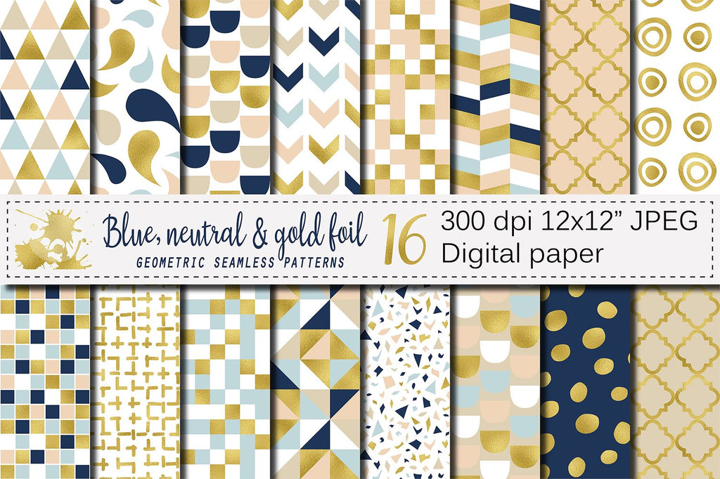 Blue, Neutral and Gold Foil Seamless Geometric Patterns