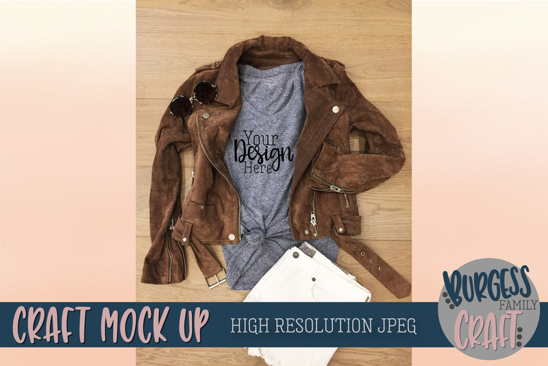 Download Brown leather jacket gray t-shirt Craft mock up | High resolution JPEG - So Fontsy