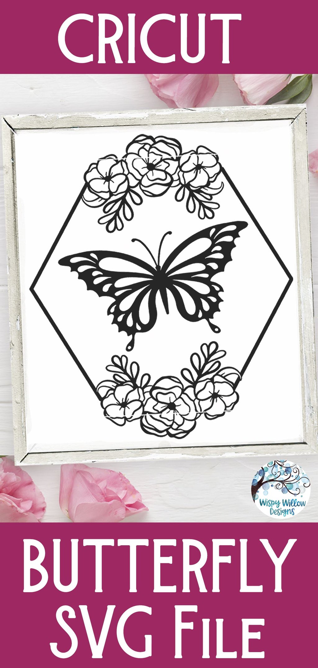 Butterfly and Flowers Hexagon Frame SVG - So Fontsy