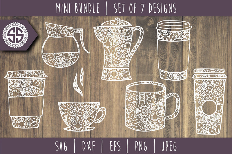 Coffee Mandala Zentangle Bundle - Set of 7 SVG - So Fontsy