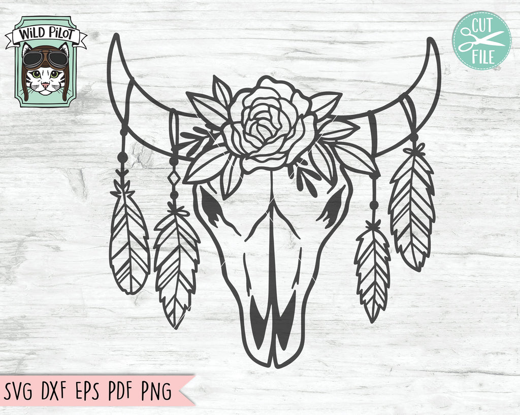 Cow Skull With Flowers And Feathers SVG Cut File So Fontsy