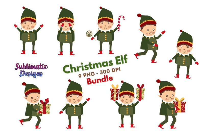 Cute Christmas Elf on Santa Workshop Clipart Bundle Sublimation - So Fontsy
