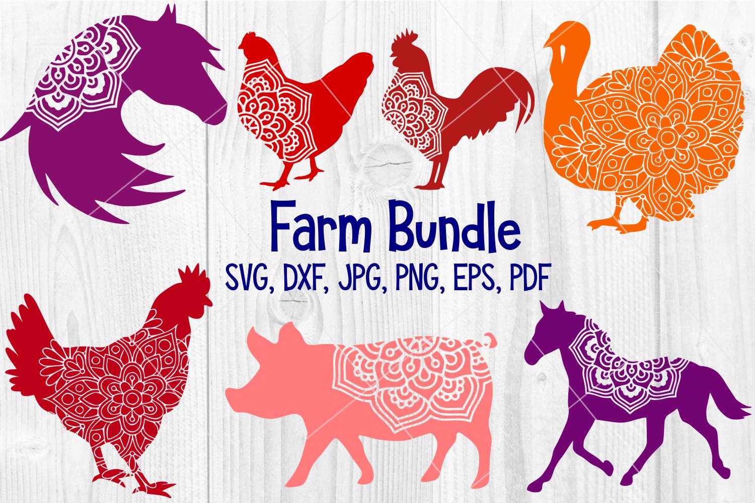 Download Farm Animal Mandala Bundle Horse Pig Chickens Turkey So Fontsy
