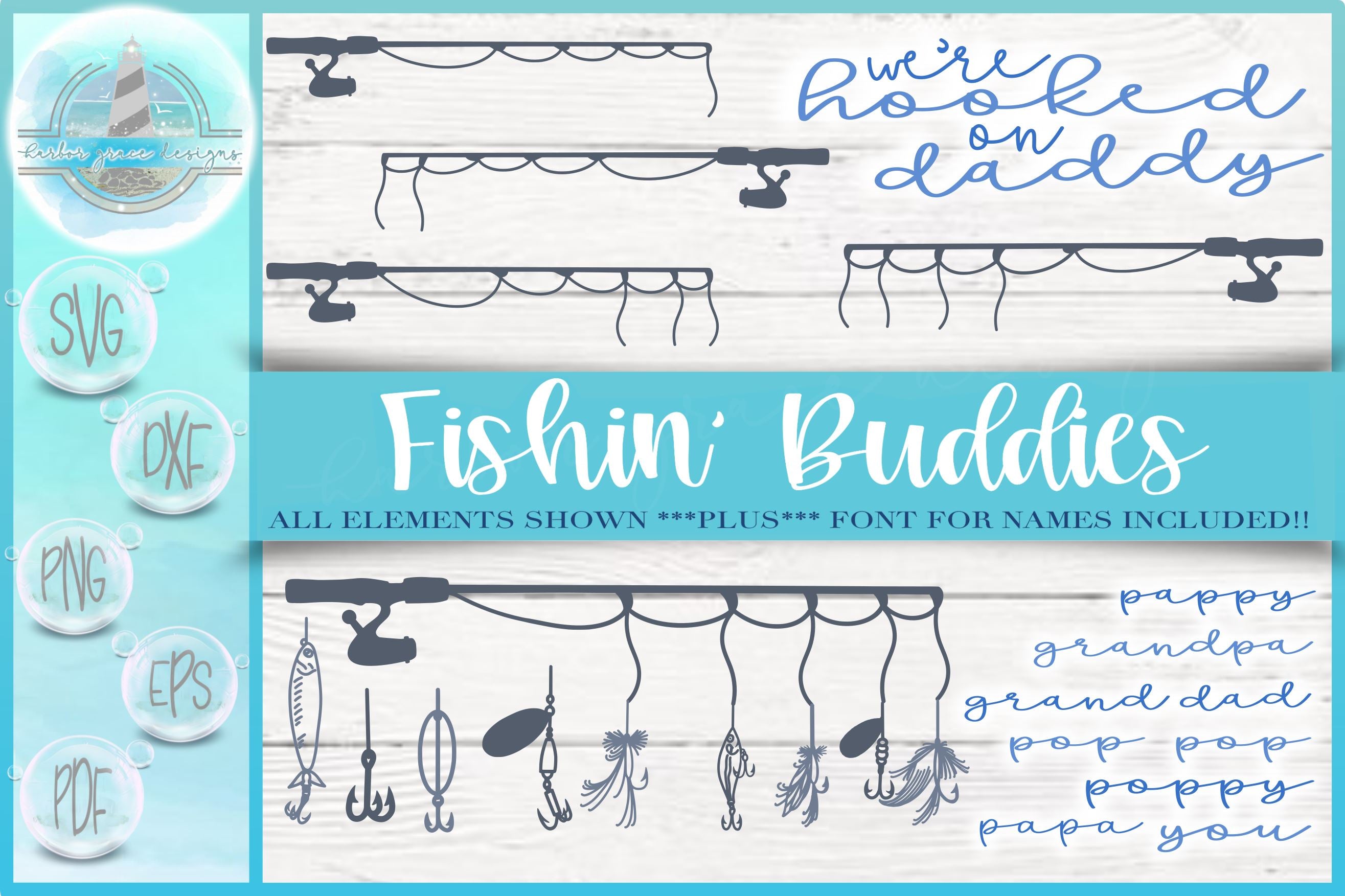 Download Fishing Buddies Rod Lures Bundle Svg Dxf Eps Pdf Png Files For Cricut Silhouette Laser Sublimation Commercial Use Font Included So Fontsy