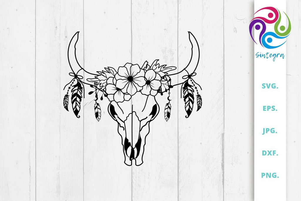 Download Floral Cow Skull With Feathers Svg File - So Fontsy