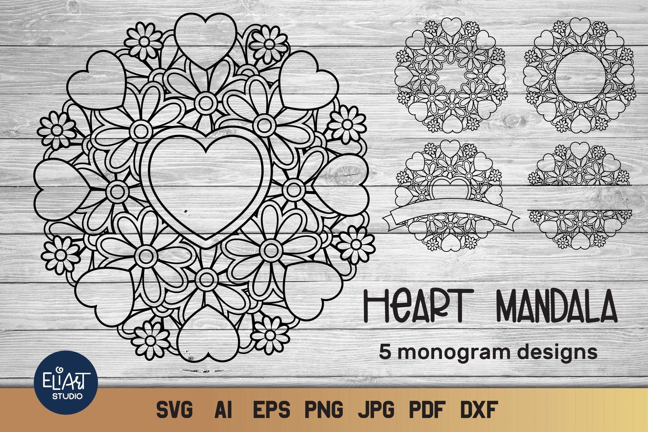 Heart Mandala Svg With Flowers Love Circle And Split Monogram Svg 5 Designs So Fontsy
