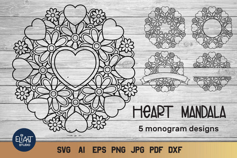 Heart Mandala Svg With Flowers Love Circle And Split Monogram Svg 5 Designs So Fontsy