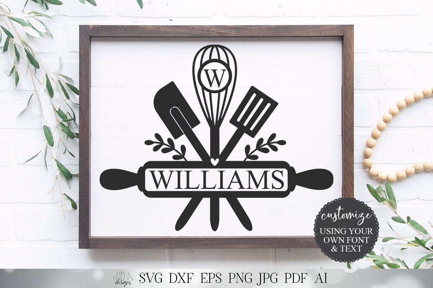 Download Kitchen Utensils Monogram Last Name Svg Farmhouse Kitchen Sign Svg Tea Towel Svg Dxf And More Printable So Fontsy