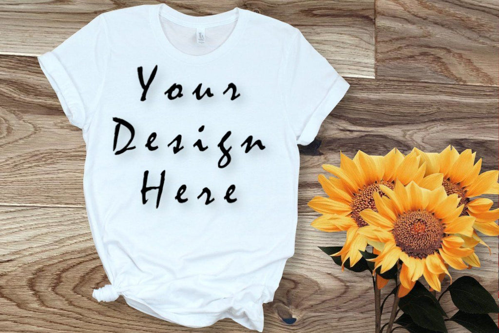 Download Mockups White T-shirt, Sunflowers, Flat Lay - So Fontsy