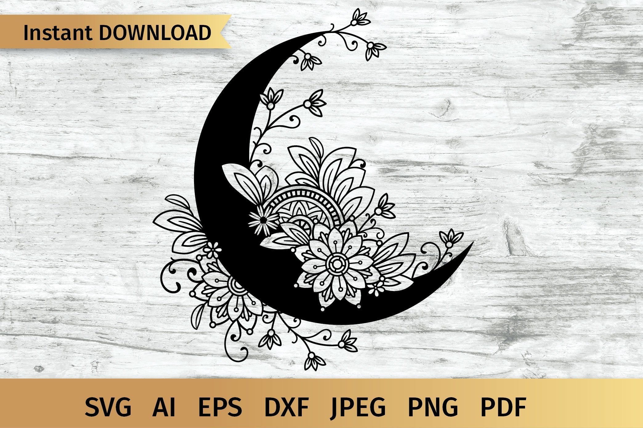 Download Moon Svg Crescent Moon Svg With Mandala And Flowers Half Moon Svg So Fontsy