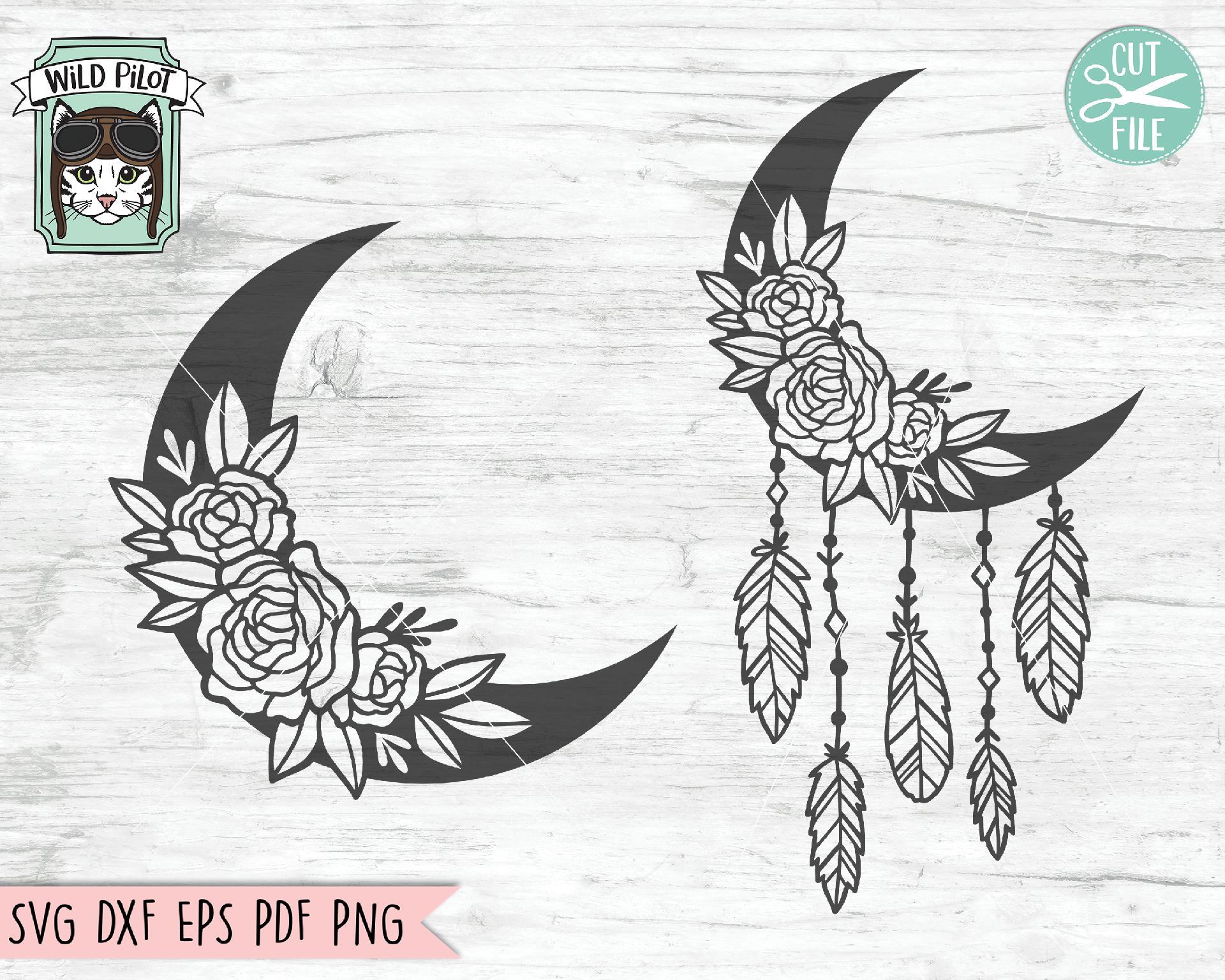 Download Moon With Flowers And Feathers Svg Cut File So Fontsy