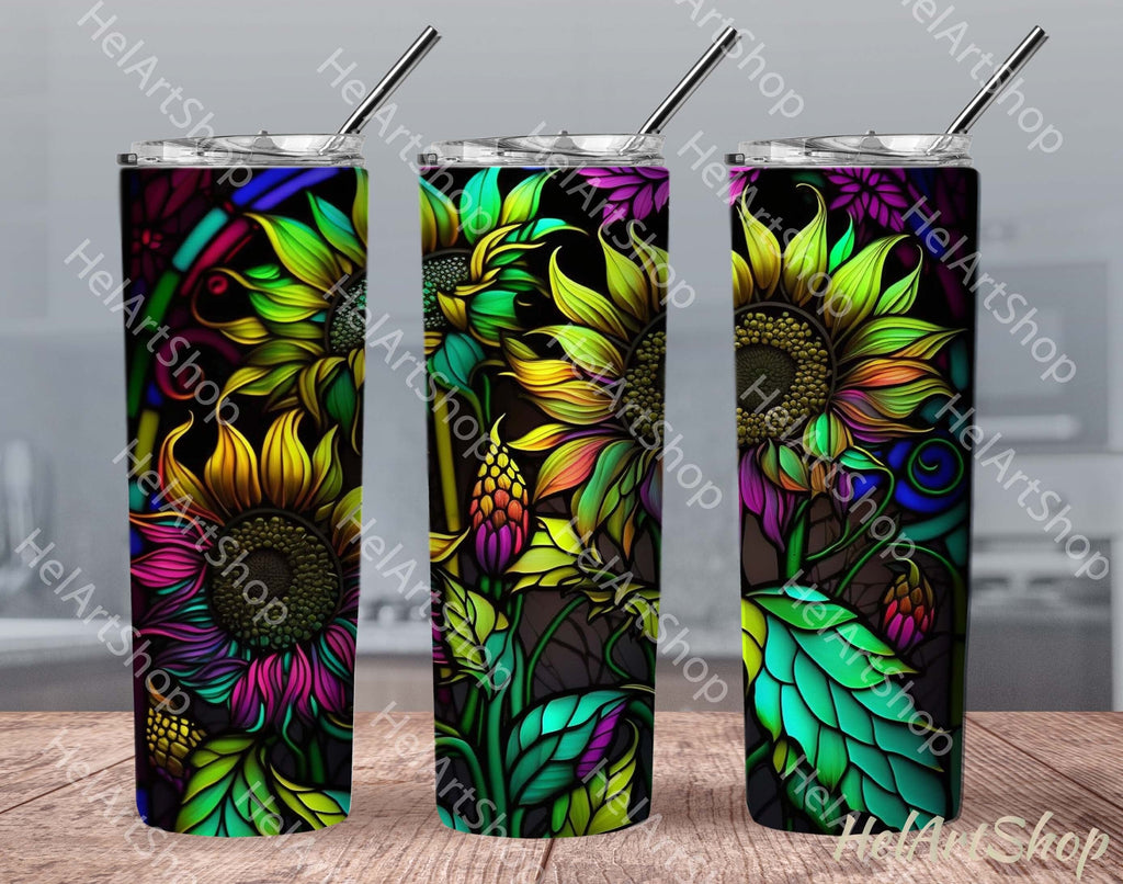 Neon Sunflower Tumbler PNG Sublimation, Skinny Tumbler PNG - So Fontsy