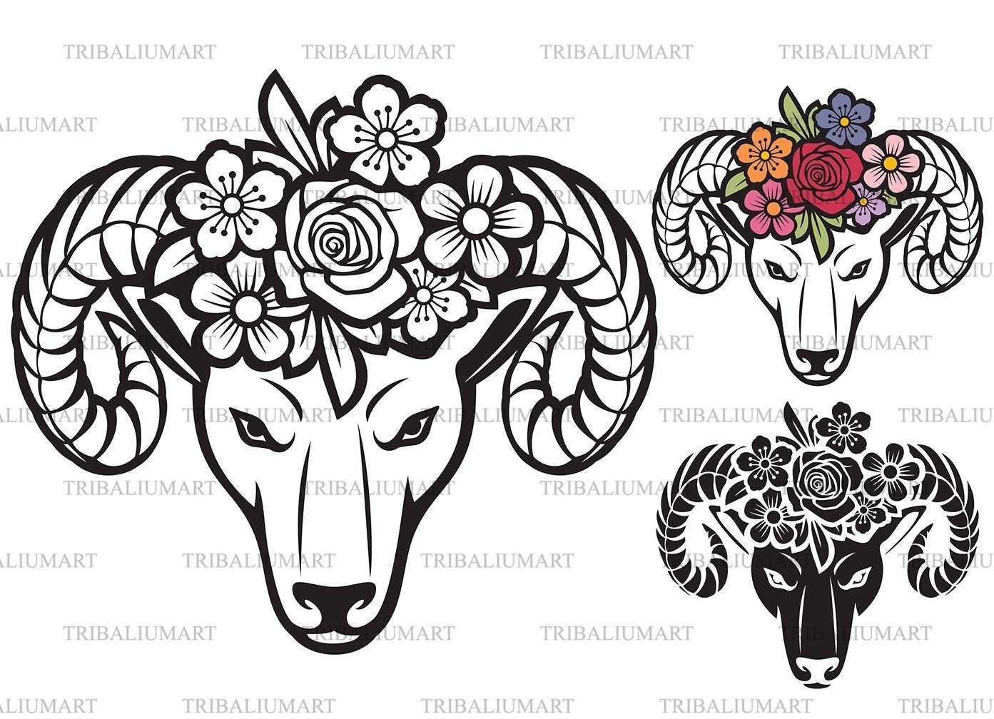 Download Ram Head With Flowers Floral Design Cut Files For Cricut Clip Art Silhouettes Eps Svg Pdf Png Dxf Jpeg So Fontsy