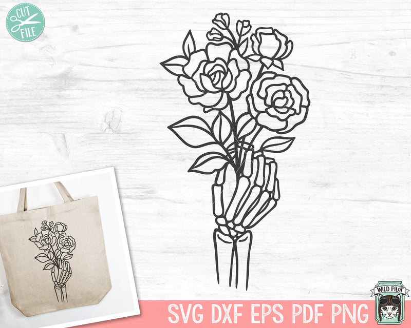 Skeleton Hand Holding Flowers svg file, Hand Bouquet cut file, Skeleton ...