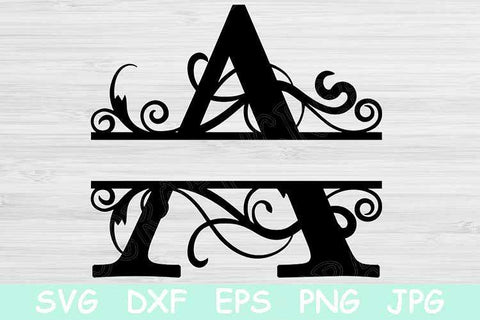 Split Letter Svg Monogram Svg Alphabet Font Svg Files For Cricut And Silhouette Black Sliced Capital Letter Cut Files With Swirl Designs So Fontsy