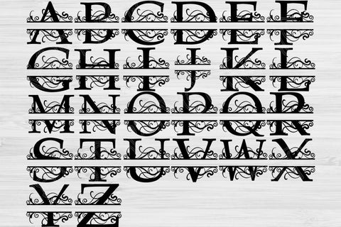 Download Split Letter Svg Monogram Svg Alphabet Font Svg Files For Cricut And Silhouette Black Sliced Capital Letter Cut Files With Swirl Designs So Fontsy