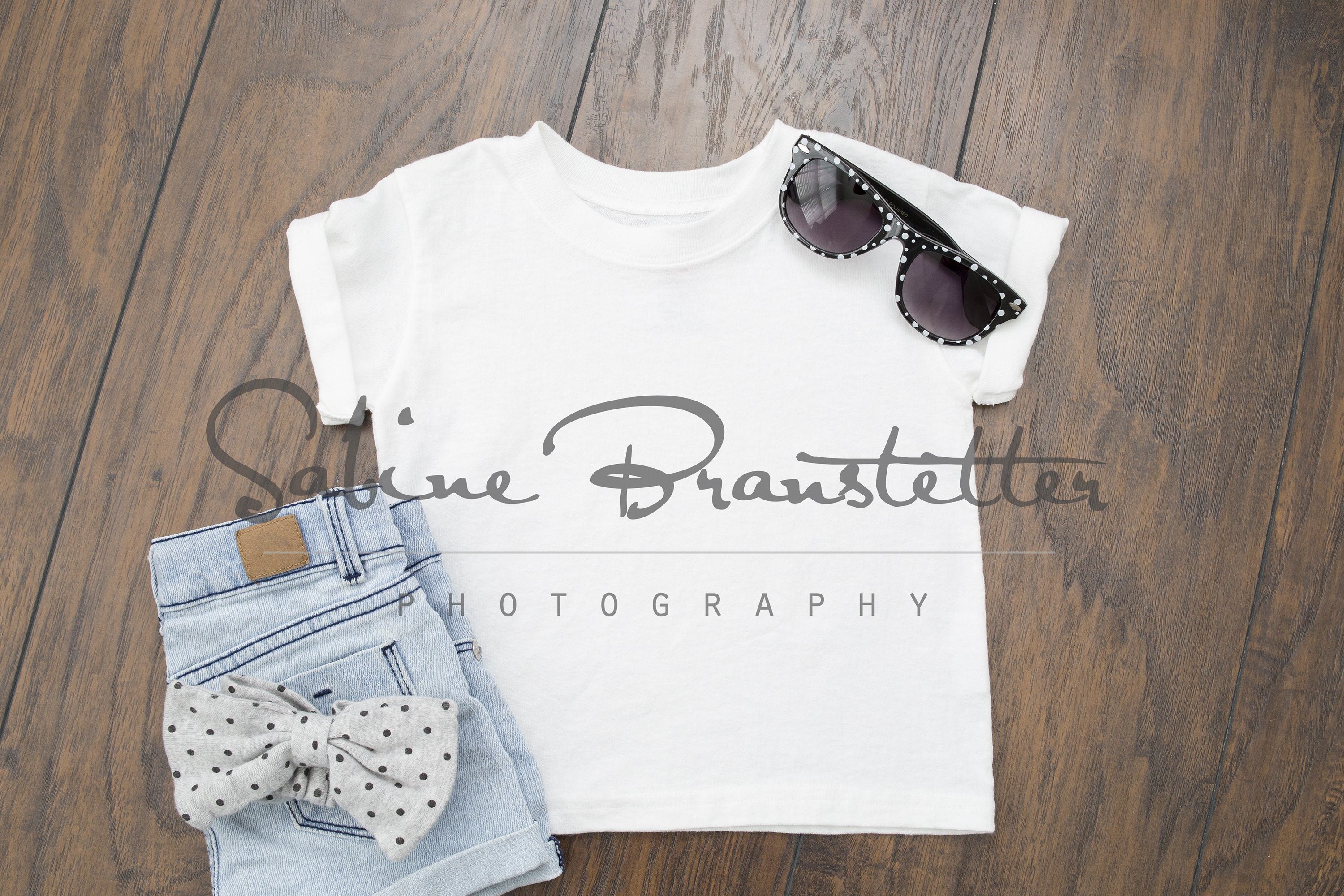 Download Styled Stock Photography Stylin Mockup Digital File White Toddler T Shirt With Black Sunglasses Jeans Shorts And Hair Bow Mock Up So Fontsy