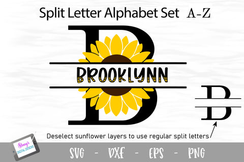 Sunflower Split Letters A Z 26 Split Monogram Svg Files So Fontsy