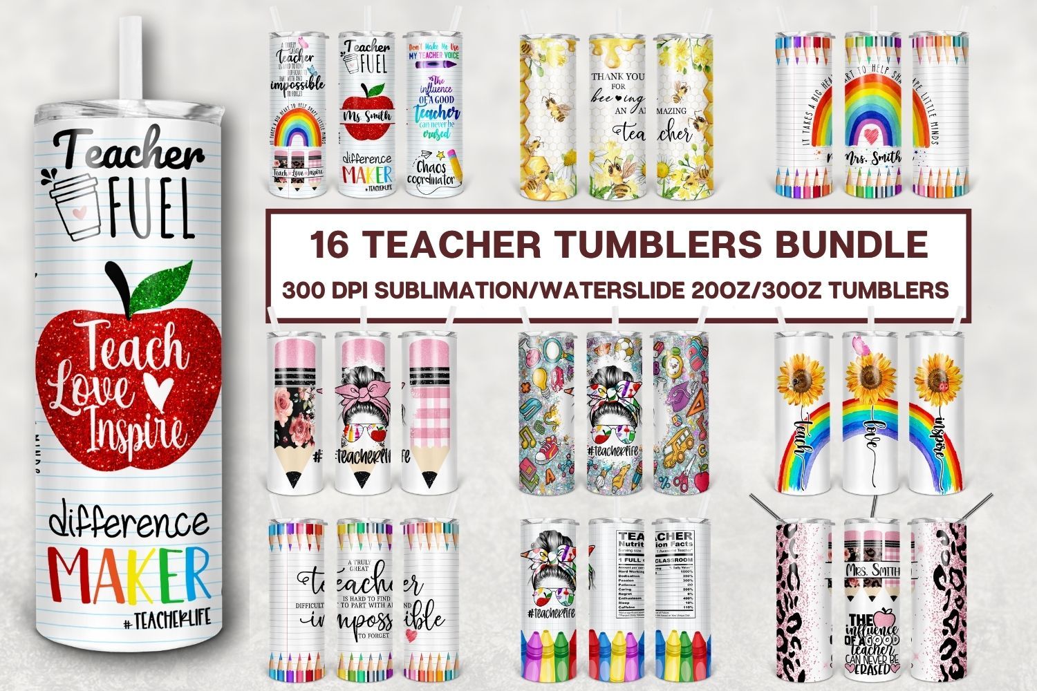 20oz Skinny Tumbler Sublimation Designs Teach Love Inspire Teacher Sunflower Tumbler for StraightTapered Tumbler PNG File Digital Download