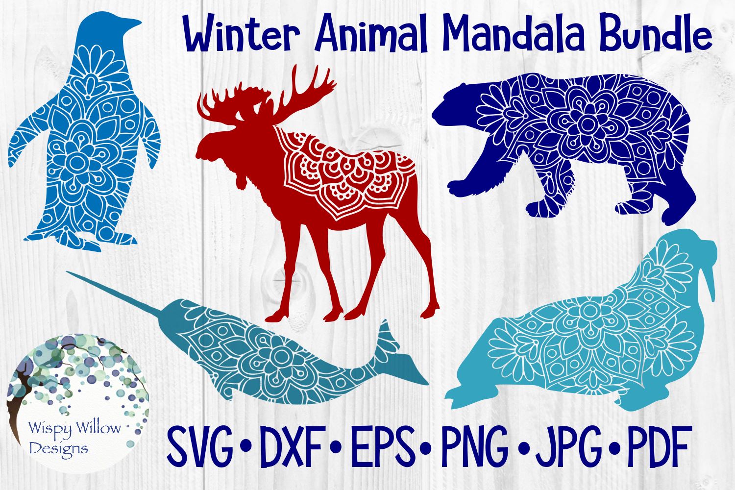 Download Winter Animal Mandala Bundle Elk Moose Narwhal Penguin Polar Bear Walrus So Fontsy