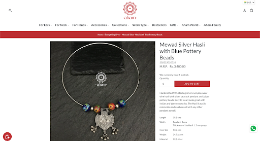 Aham Jewellery's website