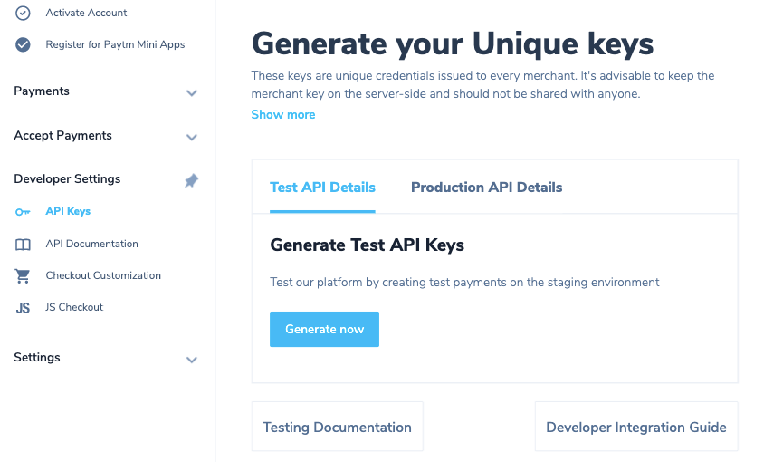 Generating API keys in PayTM