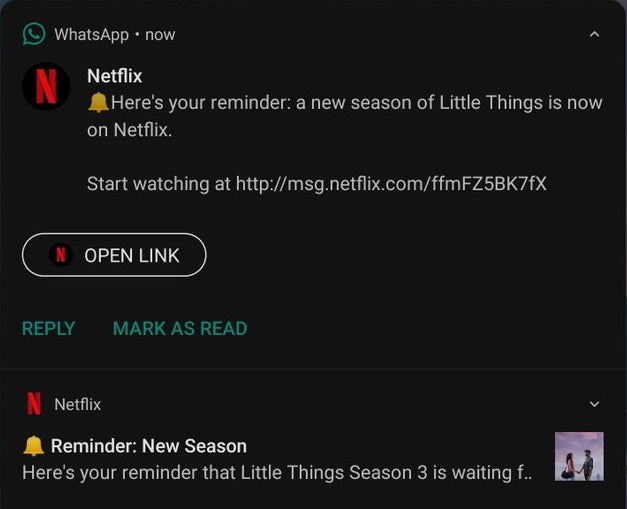 Netflix sends a WhatsApp notification