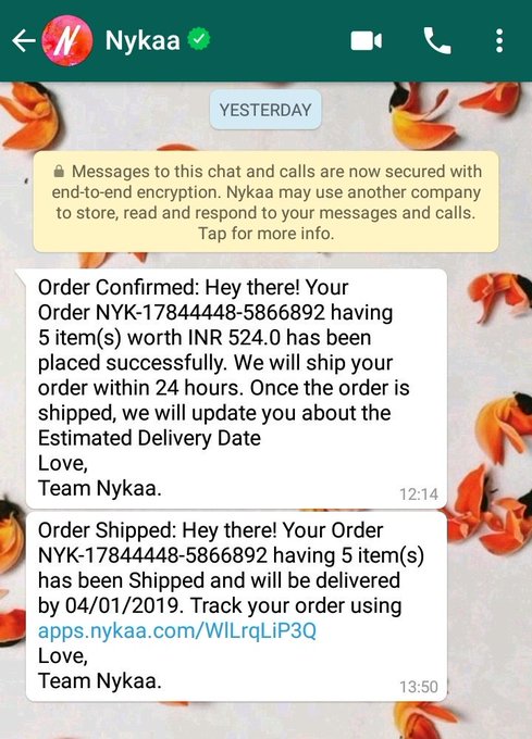 Nykaa order confirmation on WhatsApp