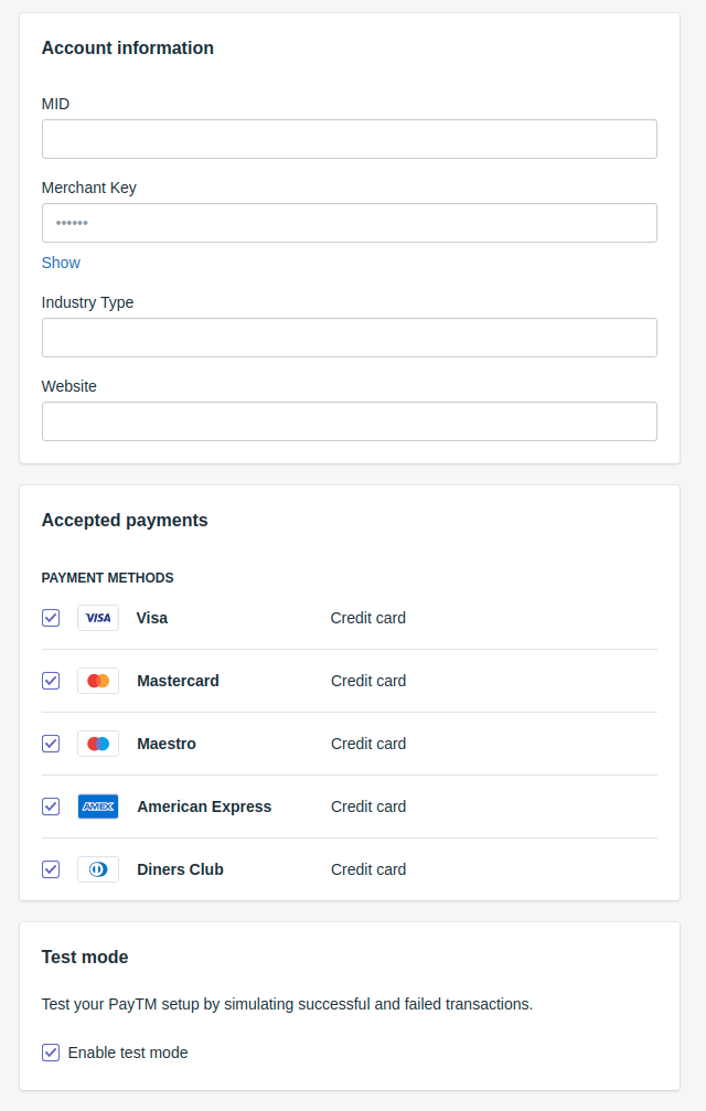 PayTM Merchant ID and Key entry in Shopify