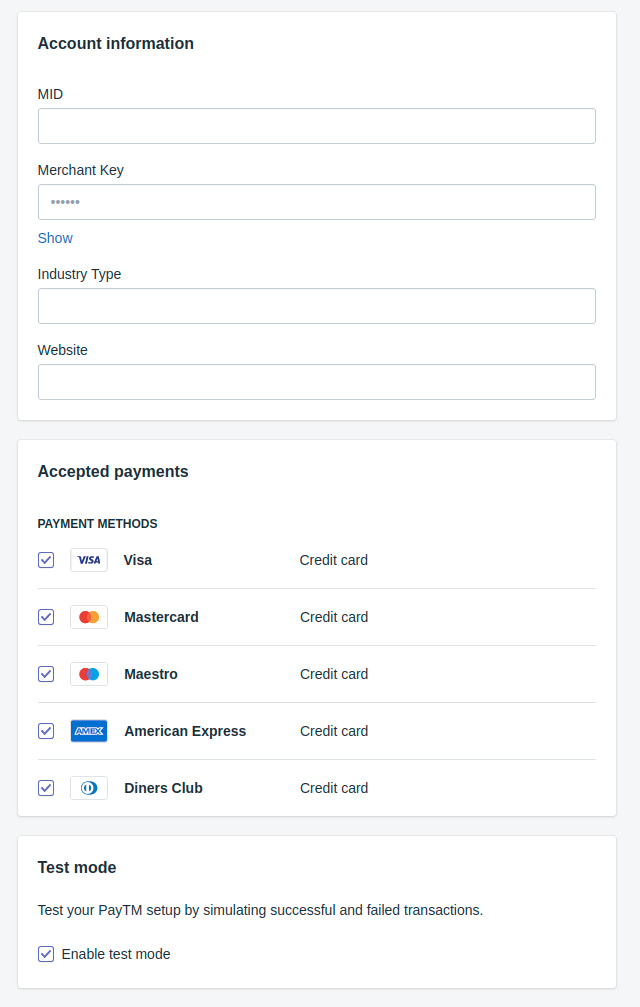 PayTM Merchant ID and Key entry in Shopify