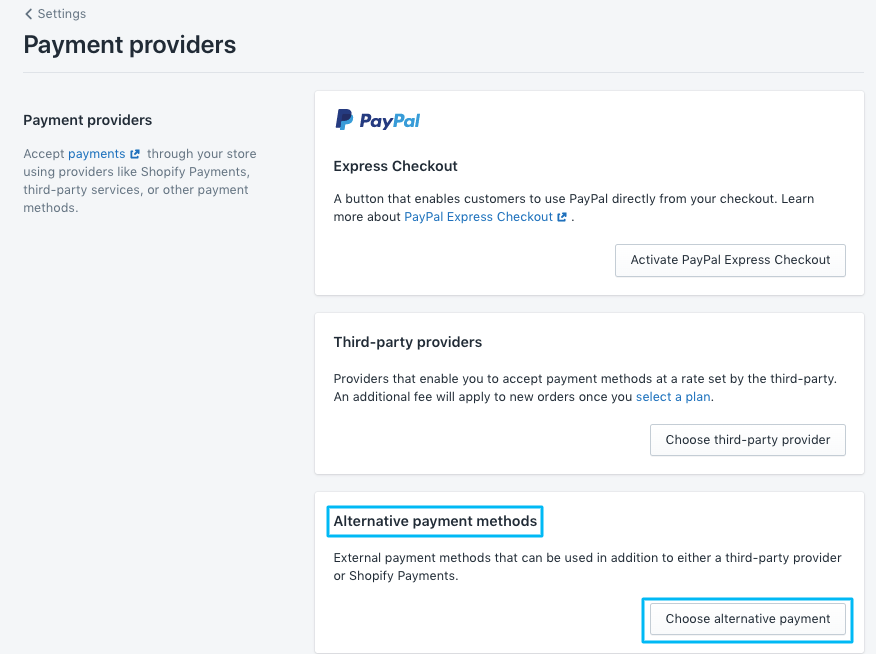 'Payment providers' screen in Shopify